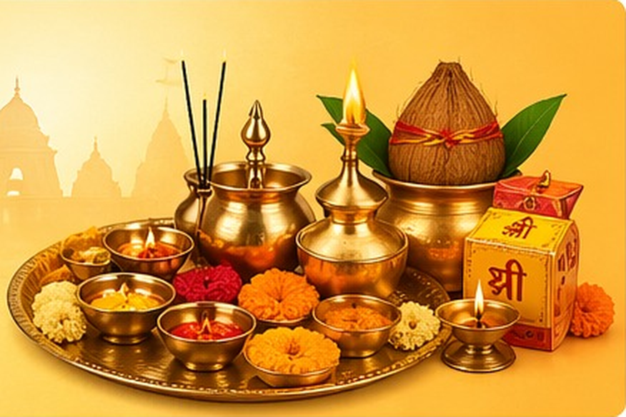 Pooja thali with kalash, diyas and flowers